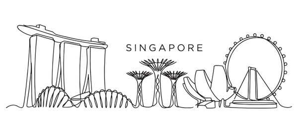Fototapeta premium Singapore city skyline continuous line drawing features Marina Bay Sands and Singapore Flyer.