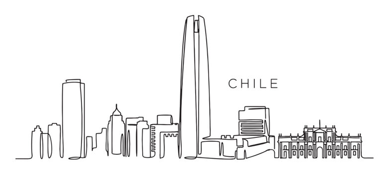Chile Santiago skyline continuous line drawing features the Costanera Center tower and Andes mountains.