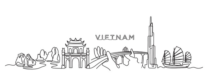 Obraz premium Vietnam landscape continuous line drawing features Ha Long Bay rocks, One Pillar Pagoda, and city landmarks.