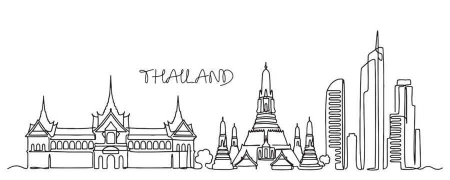 Thailand Bangkok city skyline continuous line drawing features traditional temples and modern skyscrapers.