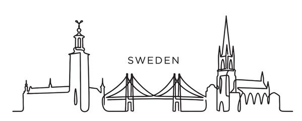Obraz premium Sweden Stockholm skyline continuous line drawing features the City Hall and Riddarholmen Church.