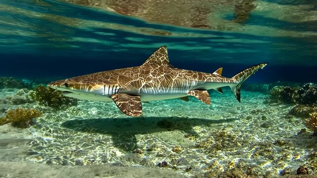A patterned shark swims underwater near coral. Sunlight ripples through the clear water
