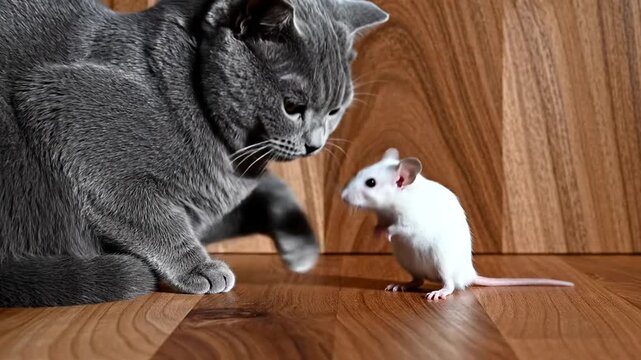 A gray cat stares intensely at a white mouse on a wooden floor, showcasing a natural predator-prey relationship indoors
