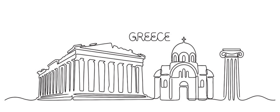 Greece panoramic view including Parthenon, Orthodox church, and ancient columns in one line art style.