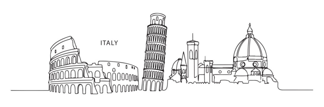 Italy historical landmarks featuring Colosseum, Leaning Tower of Pisa, and Florence Cathedral in continuous line sketch.