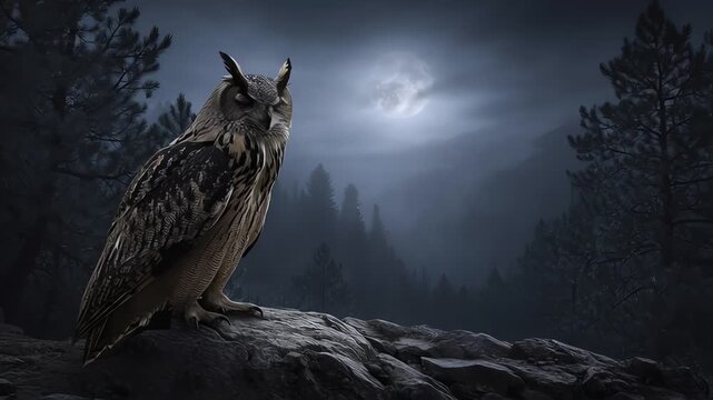 Eurasian Eagle Owl Perched in Dark Forest Under Moonlight Night
