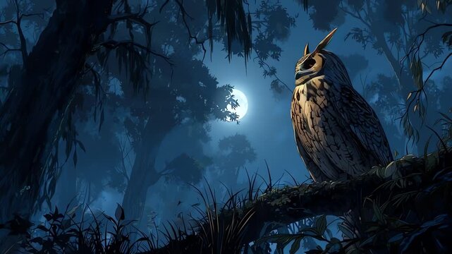 Wise Owl Under Full Moon in Dark Spooky Forest Night Illustration