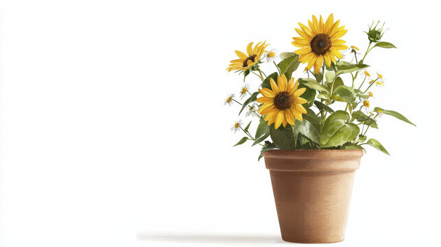 Sunflower plant in terracotta pot with vibrant yellow flowers and green leaves, radiating warmth and joy