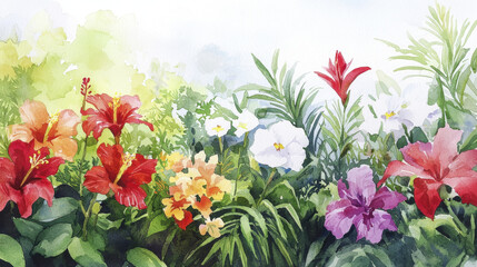 Obraz premium Vibrant watercolor painting of tropical flowers, showcasing hibiscus, orchids, and lush greenery, evoking serene atmosphere