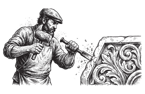 Skilled stone mason carving floral relief with mallet and chisel in vintage engraving style