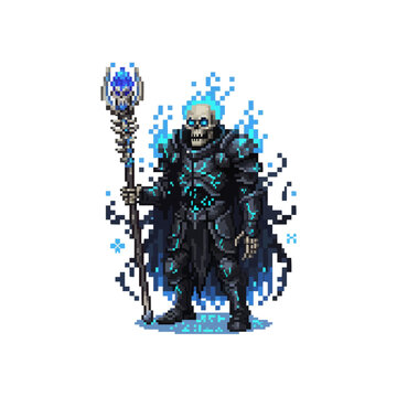 pixel art undead lich king character with blue flaming skull wearing dark plate armor holding staff.