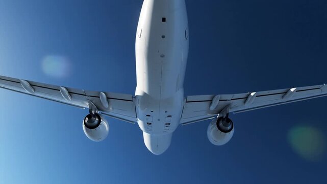 Airplane underside in flight against blue sky with sunlight