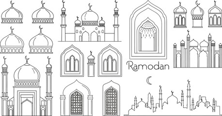 ramadan mosque architecture illustrations with domes and minarets and crescent moon © Afia