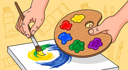 Hands Painting with Brush and Palette.