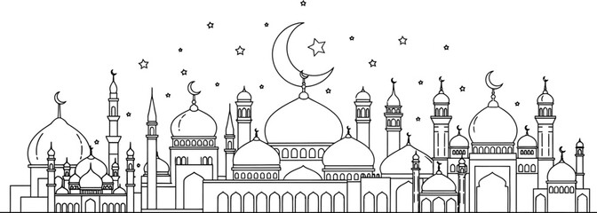 Obraz premium Islamic architecture with mosques and crescent moons at night beautiful line art illustration