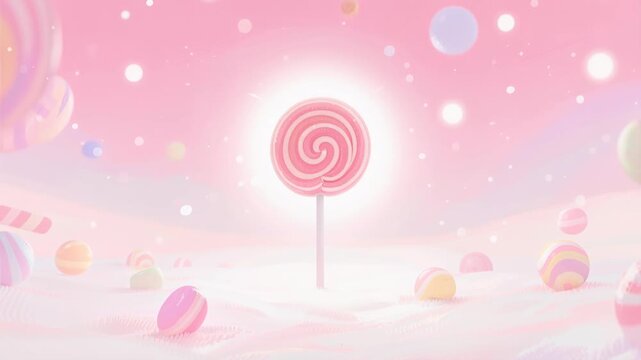 Delicious pink swirl lollipop candy illustration with a colorful spiral pattern on a blue sky background, featuring a sweet sugar lolly stick design for fun decorative art