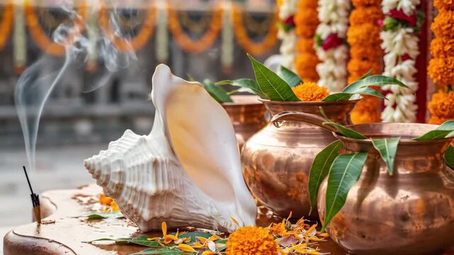 Hindu puja with copper pots, conch shell, and incense smoke during festive celebration. Hindu puja setup includes vibrant marigold flowers, traditional offerings, and decorative elements.