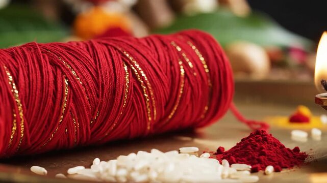 Bright red thread with decorative elements and rice grains on wooden plate, colorful particles surrounding festive setup.