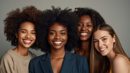Obraz premium Smiling diverse group of four women with natural hair and casual clothing, warm joyful mood