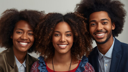 Fototapeta premium Smiling young woman and two friends with curly hair in casual studio portrait, joyful expression
