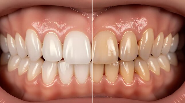 Teeth whitening transformation with shiny white and yellow teeth side by side showing the power of dental care and hygiene for a healthy smile