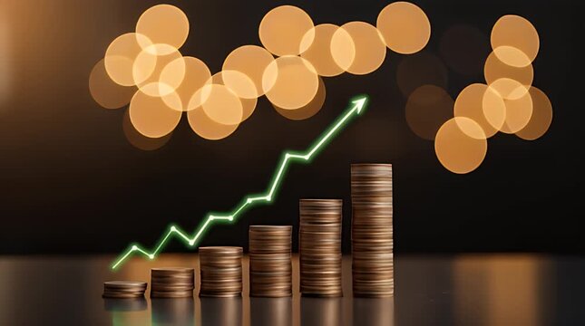 Coins stacked in ascending order with green growth arrow