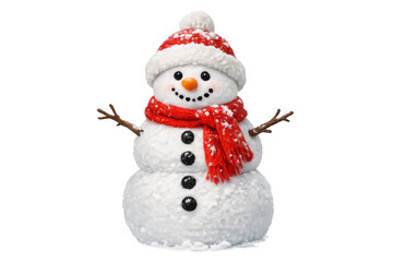 Snowman standing with a carrot nose and coal buttons, wearing a festive red hat and scarf, bringing joy and winter cheer