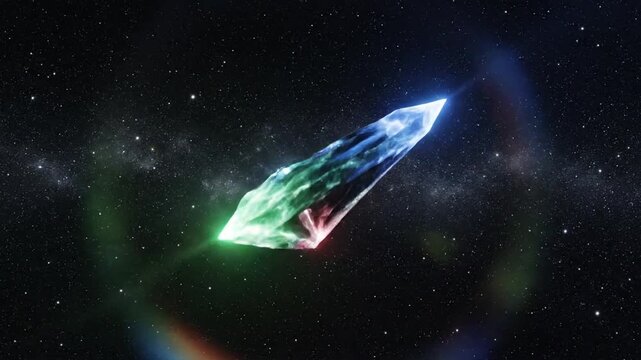 Glowing triangular prism in space with stars and nebula