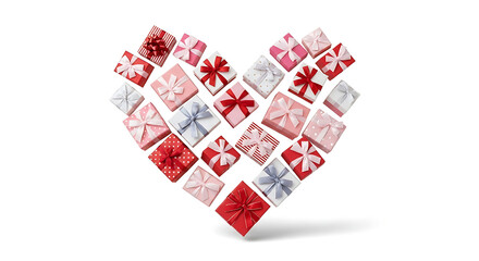 Heart shape made of red and white gift boxes isolated on white background, creative valentine and love celebration concept with presents arrangement