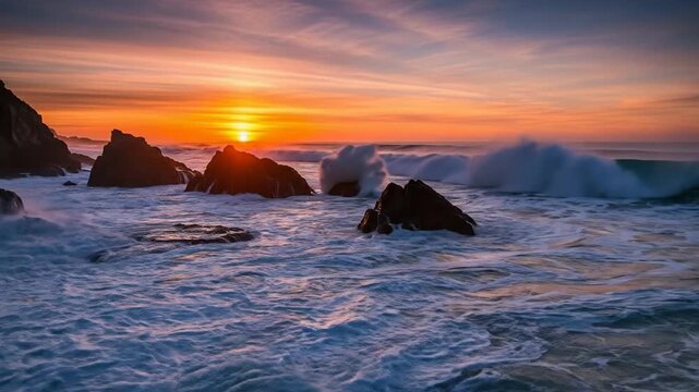 The sun rises over the ocean, casting a warm glow on the waves crashing against the s on the shore.