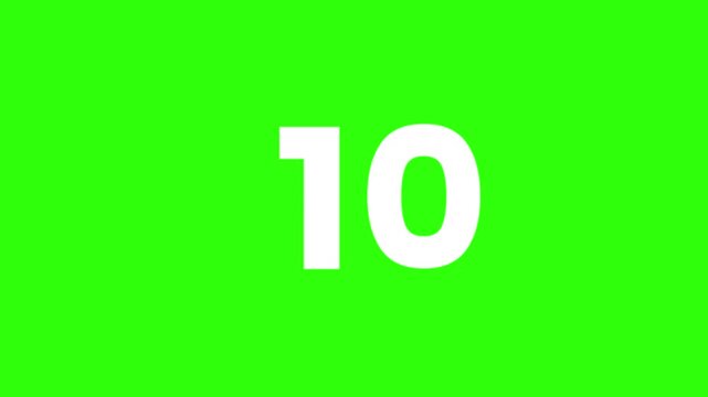 White Number 10 to 1 Countdown Animation Sequence on Green Screen Background