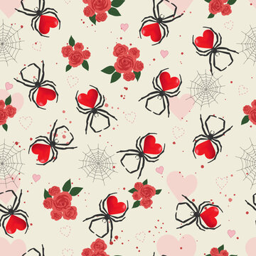 Seamless pattern red heart spiders, roses and webs on cream background, vector eps 10