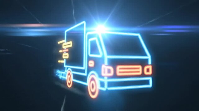 Neon delivery truck speeding on a dark background, symbolizing fast and efficient shipping services.