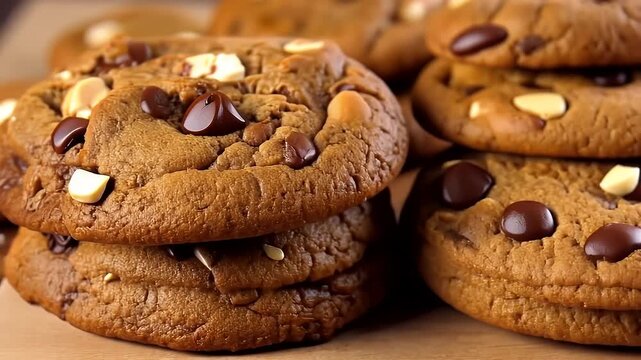 A stack of chocolate chip cookies with nuts on a brown surface, viewed from a slight angle