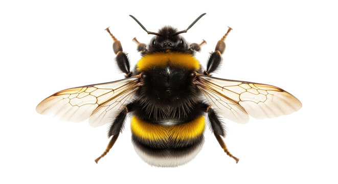 Detailed bumblebee PNG isolated on transparent background, close-up of a furry insect with yellow stripes for nature and wildlife projects