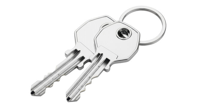 Two silver metal keys with keyring isolated PNG, security and access concept for design elements on transparent background