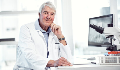 Fototapeta premium Scientist, mature man and portrait in laboratory for biochemistry, medical research and innovation. Science, clinical pathologist and happy for pharmaceutical development, career experience and pride