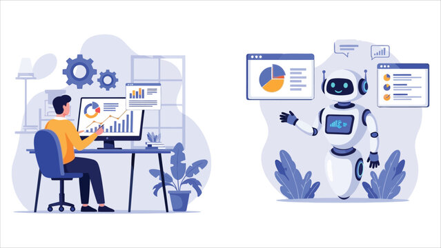 Illustration of a human analyst collaborating with an AI robot on data visualization and business process automation