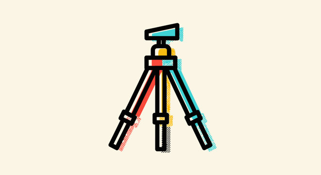Modern camera tripod line art with retro color offset effect photography equipment digital