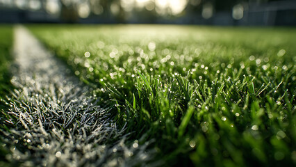 Naklejka premium Macro Close-Up of Soccer Pitch Grass With White Line