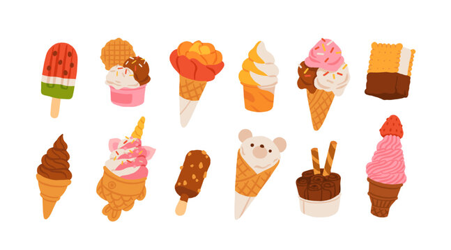 Cute Ice Cream Vector Set. Flat Cartoon Popsicles, Cones and Frozen Desserts Collection. Sweet Summer Treats Illustration for Menu, Stickers, Patterns, Kids Design