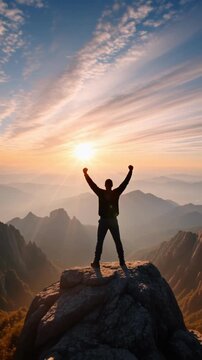 Vertical silhouette of a man celebrating success at the mountain peak with sunrise and mountains background achievement concept 4k video