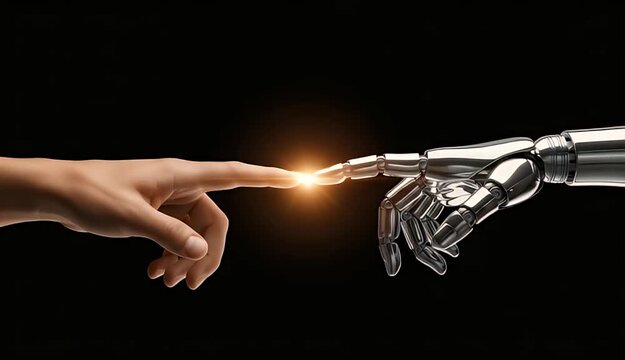 A symbolic meeting of human and machine, this image represents the intersection of technology and humanity. The outstretched human hand and robotic hand nearly touch, evoking a sense of connection