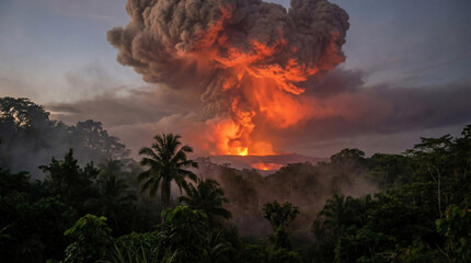 Fototapeta premium A massive mushroom cloud rises above a dense jungle