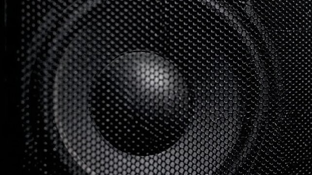 Close-up of a speaker with a protective mesh and visible cone. Focus on the textures