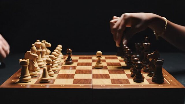 Hands play chess on checkered board against black backdrop competition