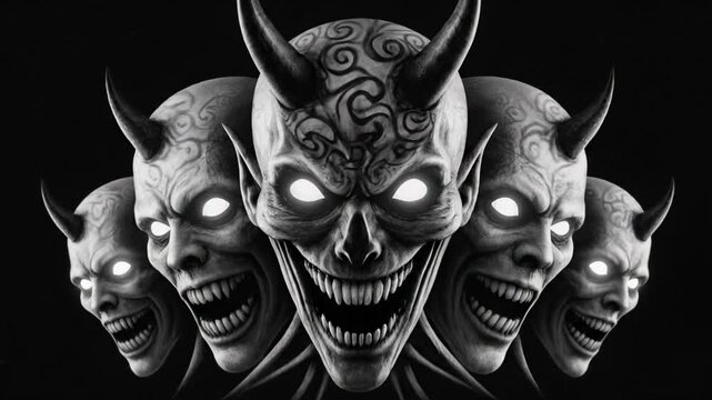 Scary Demon Monster with Glowing Eyes and Horns, Evil Grinning Face, Dark Fantasy Horror