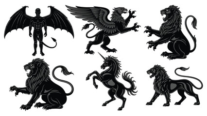  Powerful Mythological Creatures Silhouette Set Griffin Unicorn Winged Man Fantasy Beasts Heraldry Symbols © Utpol
