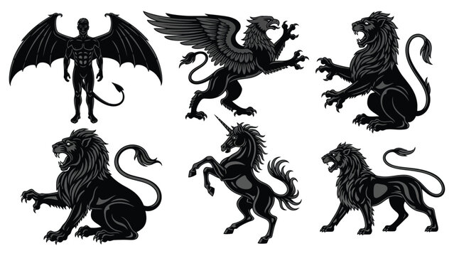  Powerful Mythological Creatures Silhouette Set Griffin Unicorn Winged Man Fantasy Beasts Heraldry Symbols