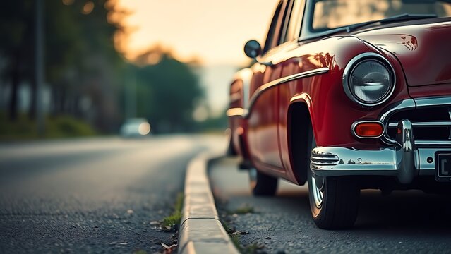 convertible. Vintage automobile parked by the roadside, illuminated by soft evening light. mobility guides, transit brochures, designed for mobility and urban transit guides.